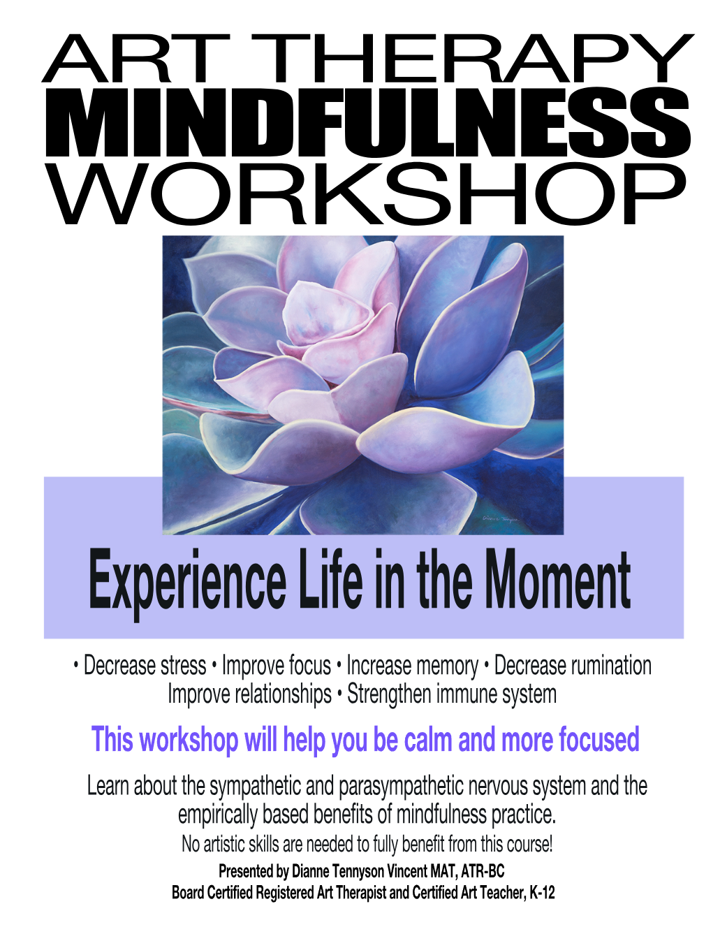 Art Therapy Mindfulness Workshop flyer with a purple succulent painting