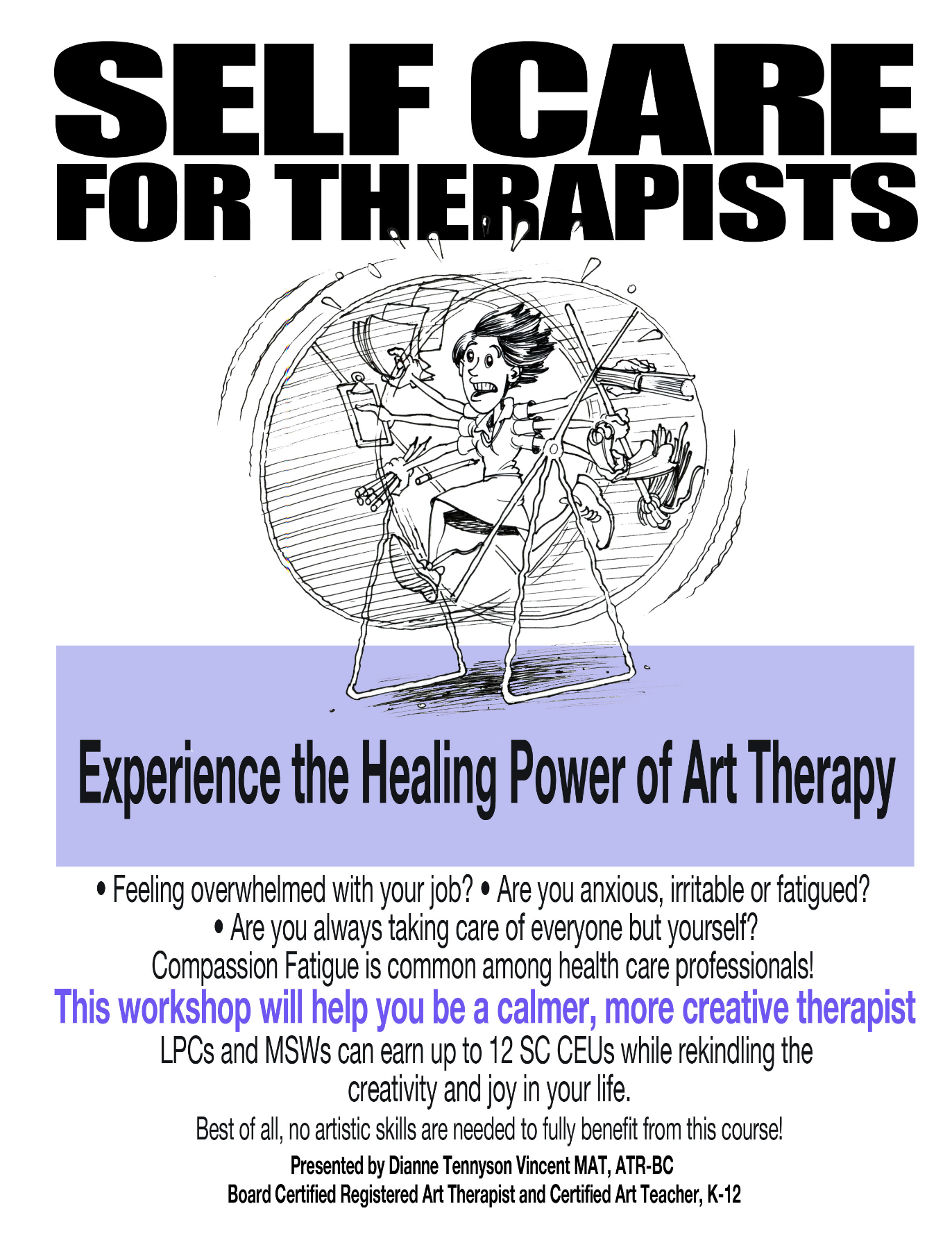 Self Care for Therapists flyer with a cartoon of an overwhelmed therapist on a hamster wheel
