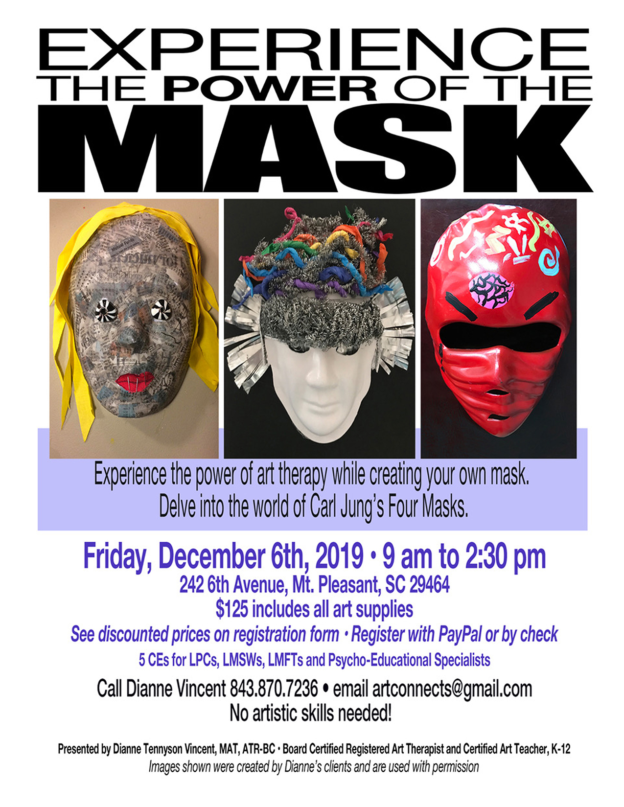 Experience the Power of the Mask flyer with three art-therapy masks