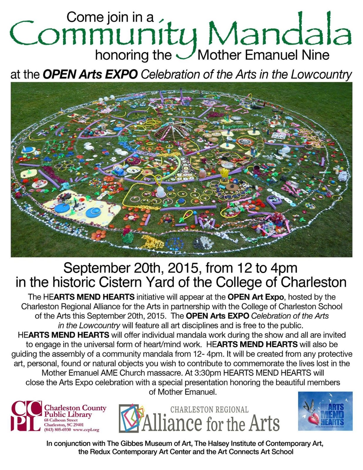 Community Mandala honoring the Mother Emanuel Nine, flyer for the OPEN Arts EXPO showing a large mandala made of found objects on a lawn