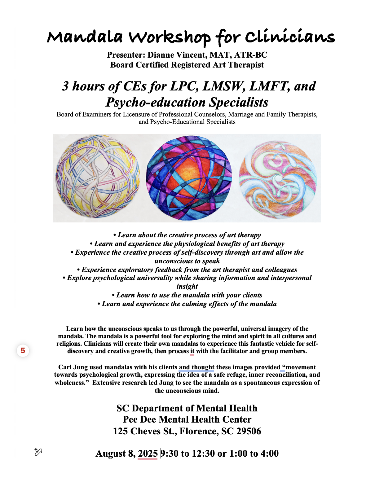 Mandala Workshop for Clinicians flyer with three colored mandalas