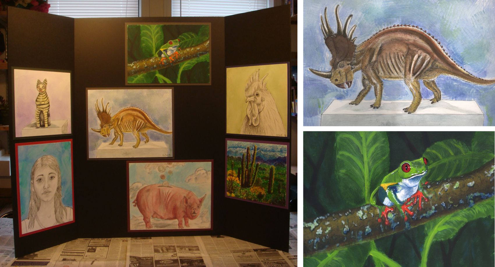 Accepted student's portfolio board with dinosaur, frog and animal studies