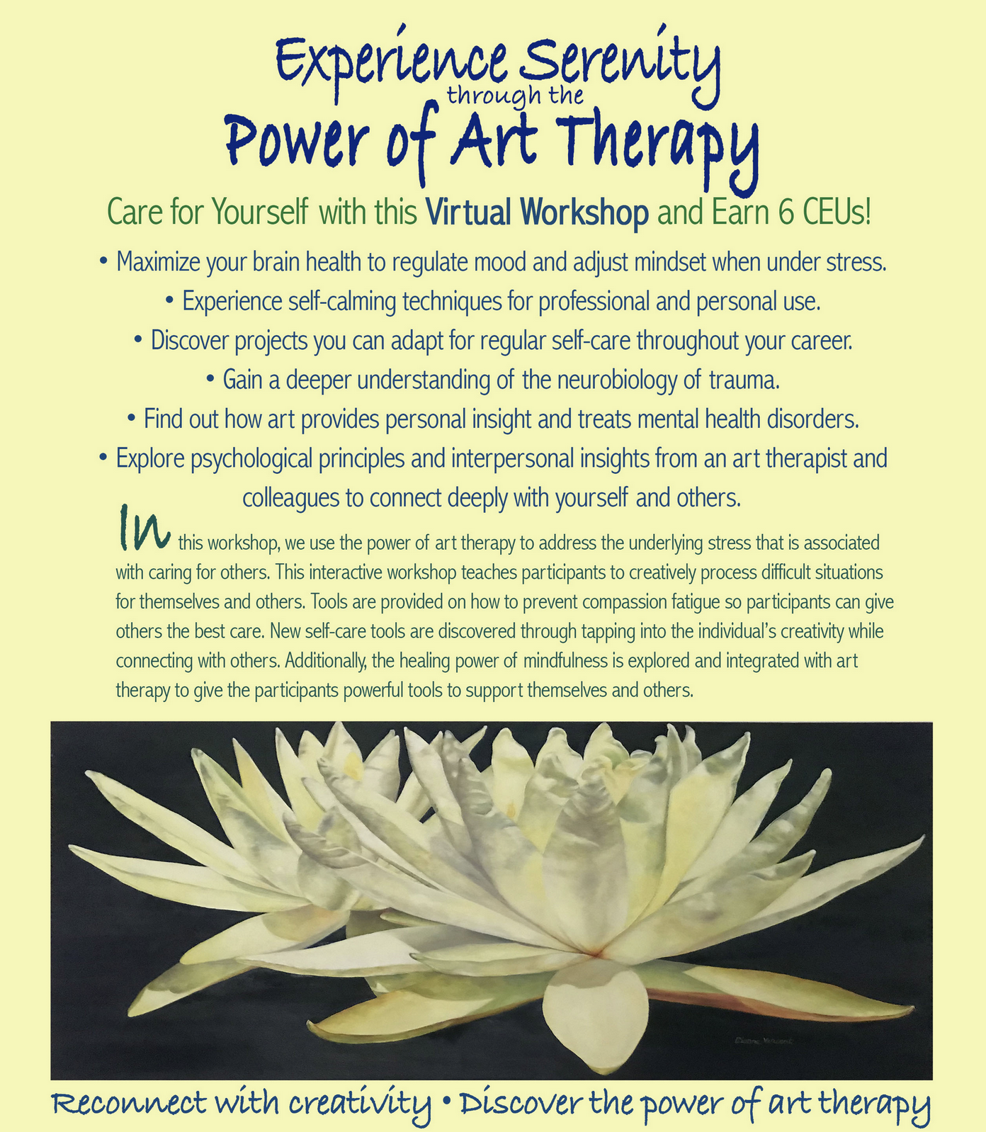 Experience Serenity Through the Power of Art Therapy, virtual workshop flyer with a white lotus