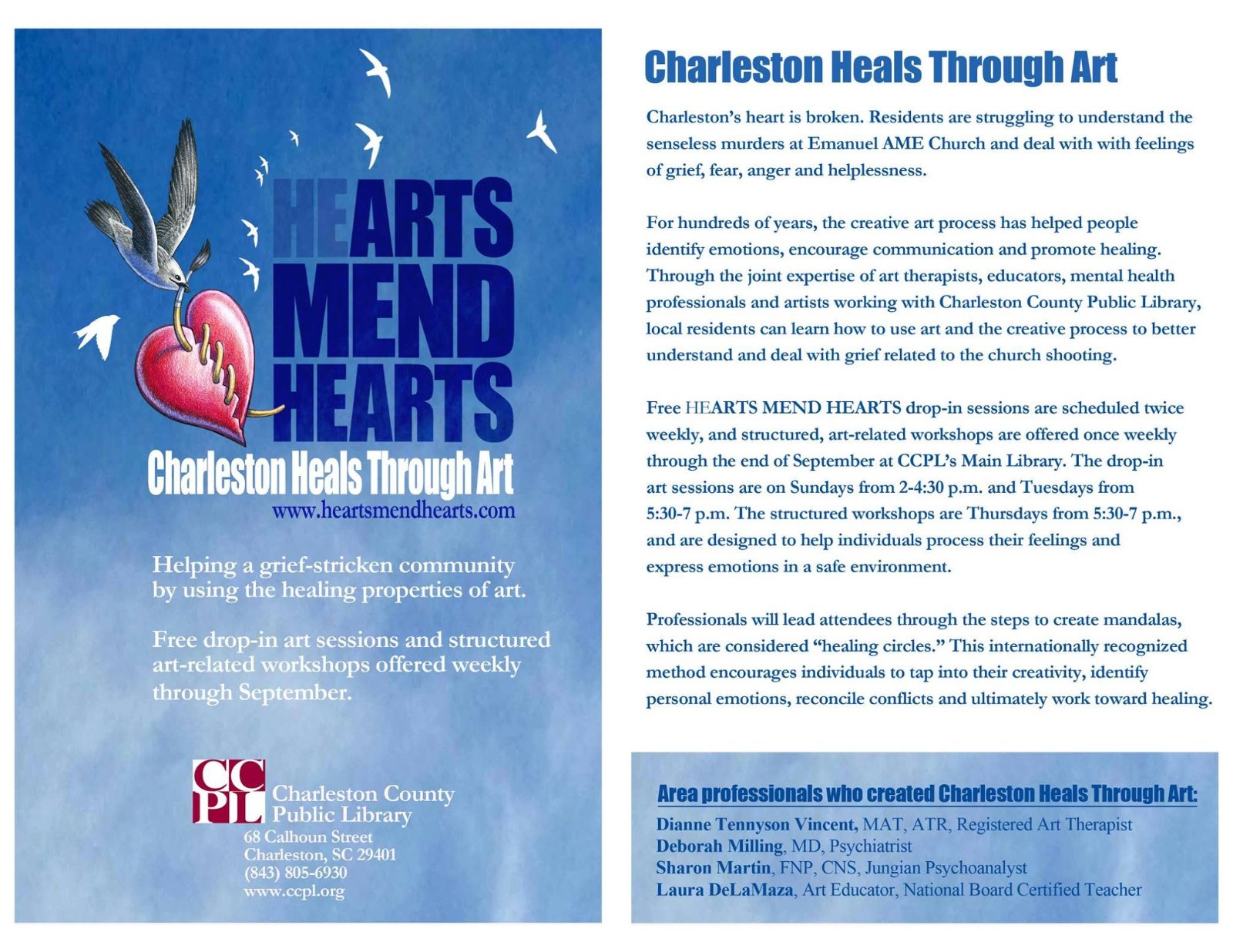 HeArts Mend Hearts, Charleston Heals Through Art, flyer with a bird mending a stitched heart