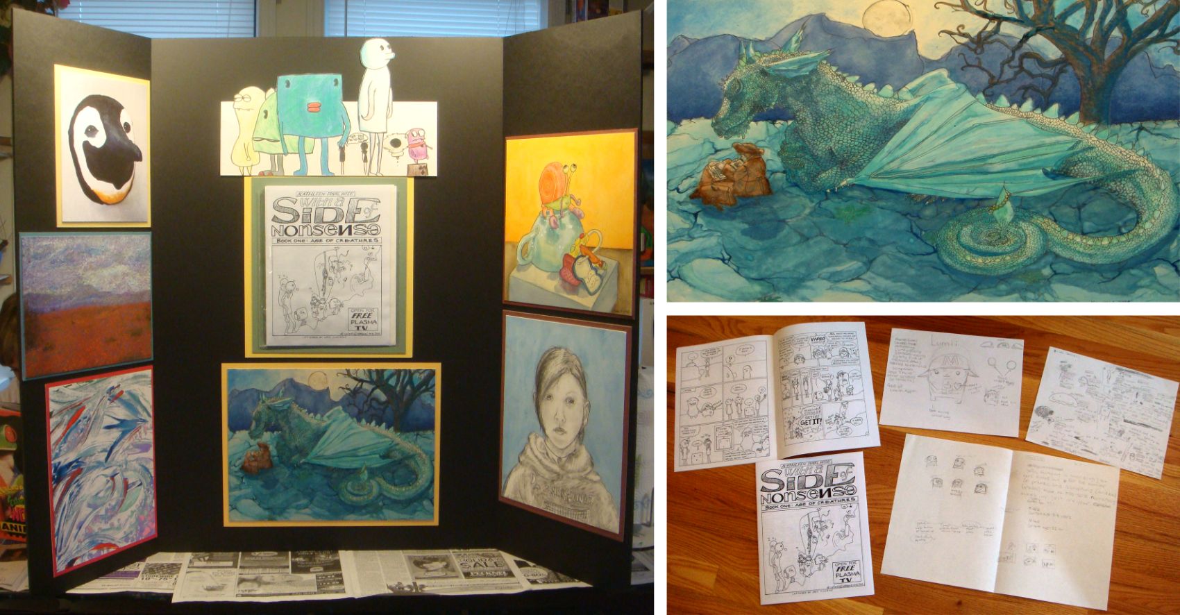 Twelve-year-old applicant's portfolio board with comic and creature illustrations