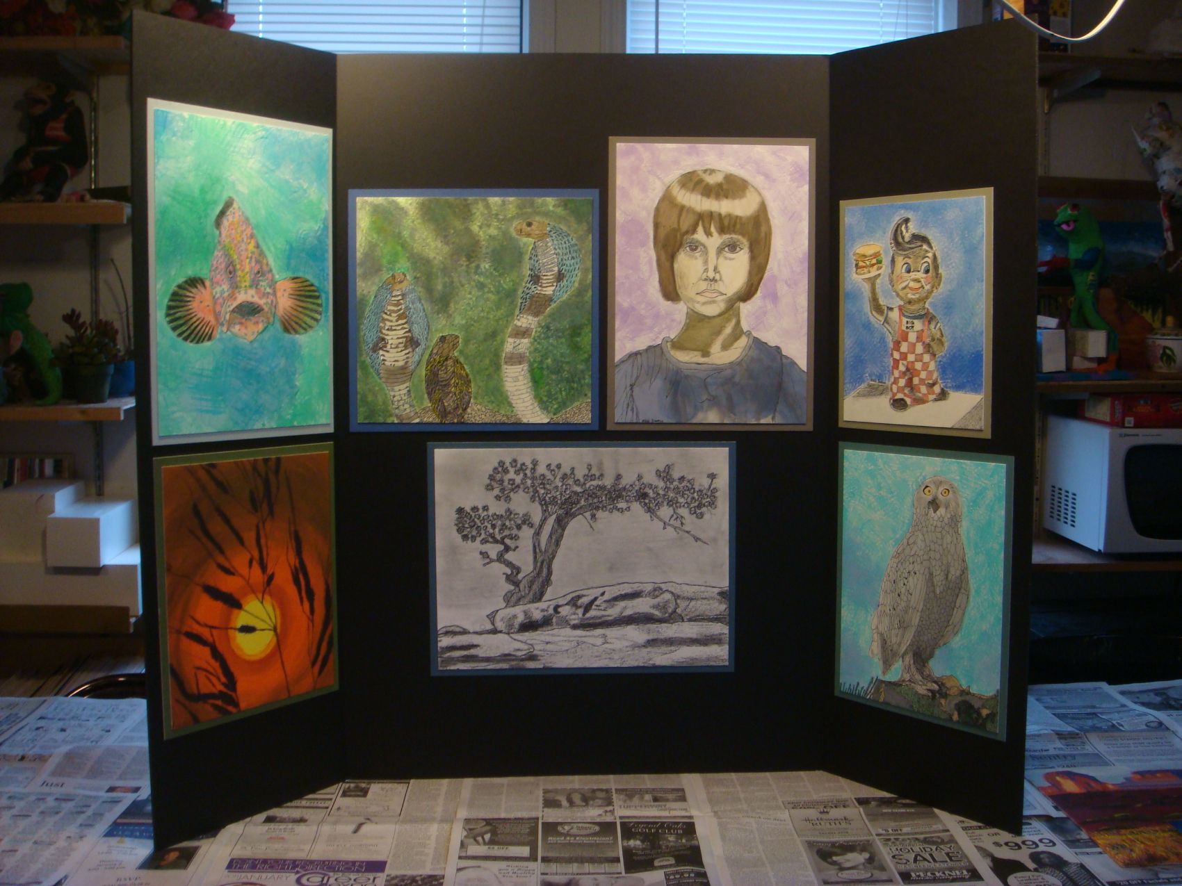 Accepted student's portfolio board with cobras, fish and owl studies